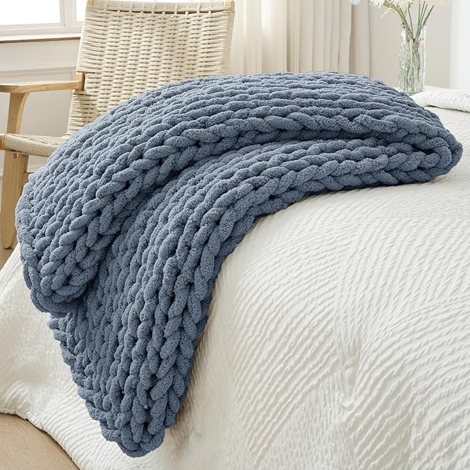 Bigacogo Chunky Knit Throw Blanket for Couch, 40x60 inches, 100% Hand Knitted with Thick Jumbo Chenille Yarn, Cozy Soft Large Rope Knot Cable Crochet Blankets for Sofa Bed Living Room, Cold Sea Blue
