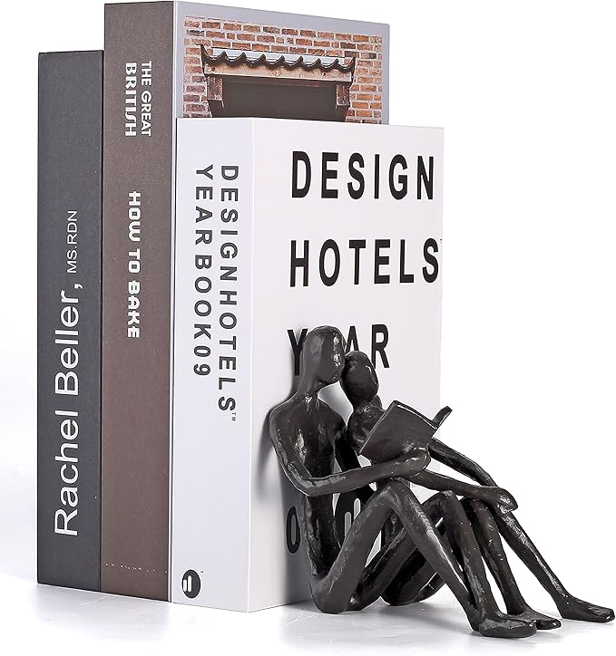Ambipolar Romantic Reading Couple Bookshelf Decor, Cast Iron Bookend, Aesthetic Room Decor, Office Desk Decor, Home Decorative Bookend for Heavy Books, Satin Black