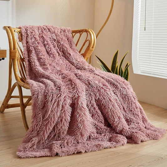XeGe Plush Faux Fur Throw, Dusty Pink Luxurious 50x60 Shaggy Furry Blanket, Fluffy Microfiber Velvet Couch Throw, Ultra Soft Warm Fuzzy Lap Blanket for Sofa Bed Chair Car Office, Dusty Pink