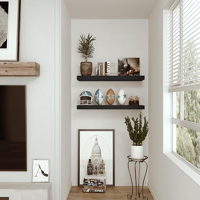 Black Floating Shelves for Wall Mounted, 24 inchs x 9.1” Deep x 1.5” Thick Wall Shelves for Bedroom, Living Room, Bathroom，Kitchen, Office, Home Decor Shelf with Invisible Bracket - Set of 2