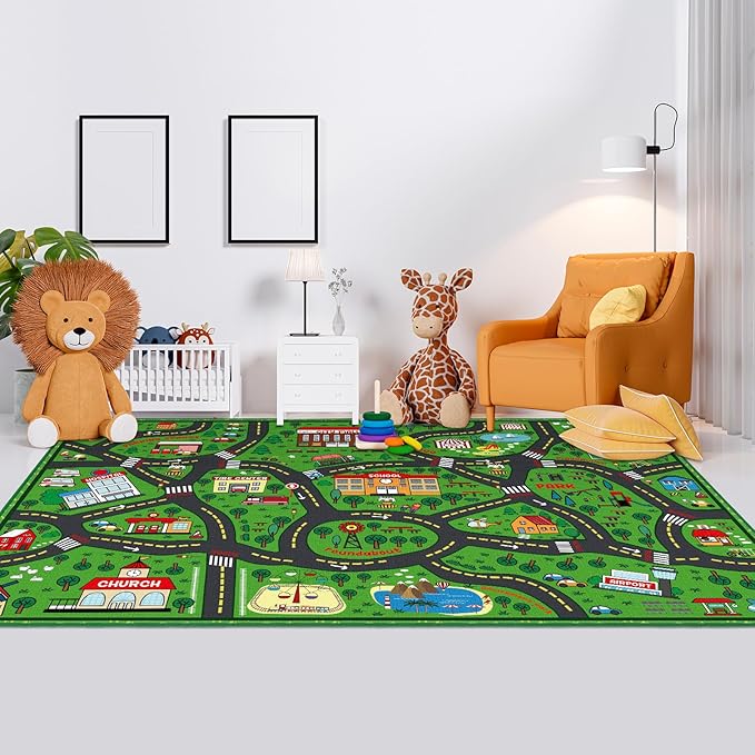 Kids Carpet Playmat Rug 6 x 9 ft Player Car Rug, City Life Traffic Road Map Mat Educational Game Area Mat for Toddler Children Playroom Classroom Bedroom(Green)