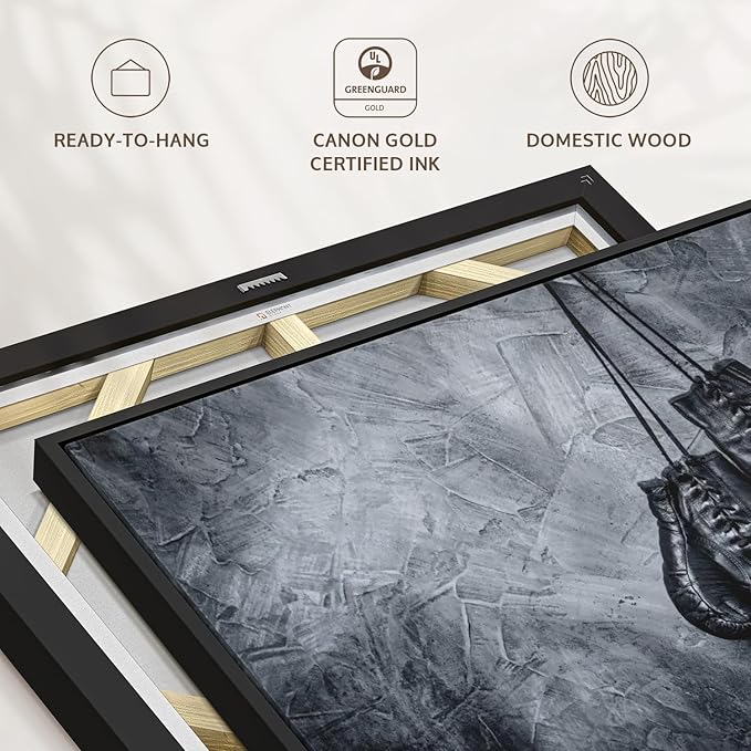 ElephantStock Boxing Gloves Wall Art - Horizontal Framed Canvas - 1-Piece Living Room Wall Decor - Photography Sports Canvas Print - Black and Gray Decor for Wall - 37" X 25"