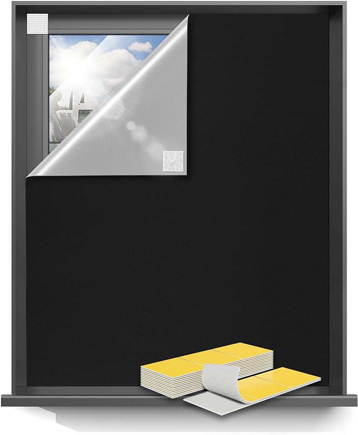 Sumobaby Blackout Curtains for Bedroom 54"x70"Portable Black Out Window Cover with Heat-Resistant Hook&Loop Tape,100% Blackout Shades No Drill Blinds for Windows DIY Cut Fit for Nursery,TV Room(Black)