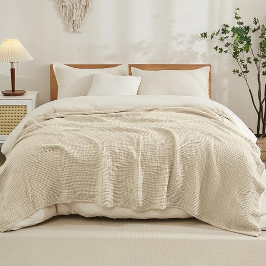 EMME Cotton Blanket Queen Size for Bed Soft Muslin Bed Blankets 90"x90" Lightweight Breathable Bedspread Coverlet All Season Gauze, Light Tan