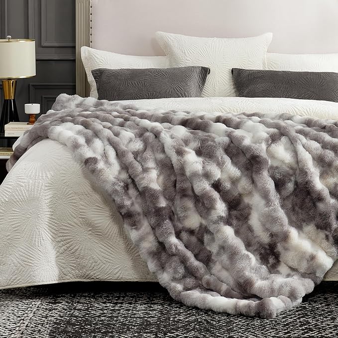Cozy Bliss Faux Fur Throw Blanket for Couch, Fuzzy Soft Plush Thick Bubble Blanket for Sofa Bedroom Living Room, 60 * 80 Inches Tie-dye Taupe