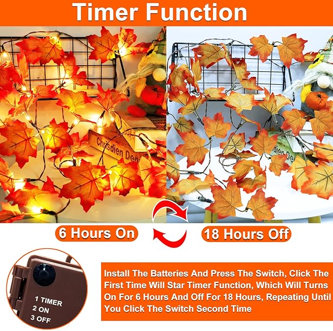 Timer & Thicker Leaves - 2 Pack Fall Garland with Lights Fall Hallowen Decorations Indoor Total 80 Leaves 40LED 13Ft Battery Operated Halloween Garland Thanksgiving Decor Home Indoor Outdoor Christmas