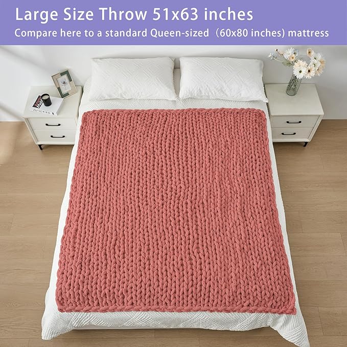 Bigacogo Chunky Knit Throw Blanket for Couch, 51x63 inches, 100% Hand Knitted with Thick Jumbo Chenille Yarn, Cozy Soft Large Rope Knot Cable Crochet Blankets for Sofa Bed Living Room, Antique Red