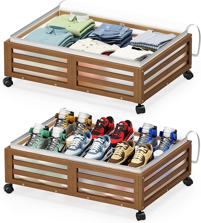 Under Bed Storage with Wheels-Large Bamboo Underbed storage Containers with Large Dust Bag Stackable Under the Bed Shoe Storage Bins for Clothes Books Bedding (2 Packs walnut, 23.62"L×16.54"W× 6.51"H)