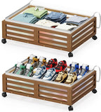 Under Bed Storage Containers With Wheels - 2 Pcs Bamboo Wood Rolling Underbed Shoe Storage Bins With Dust Bags for Clothes Blankets, Duvet Covers Snacks Toys (Walnut)