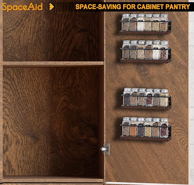SpaceAid Spice Rack Organizer for Cabinet Door or Wall Mount (4 Pack) with 415 Spice Labels - Wood Hanging Seasoning Shelf for Cupboard Pantry or over the Stove