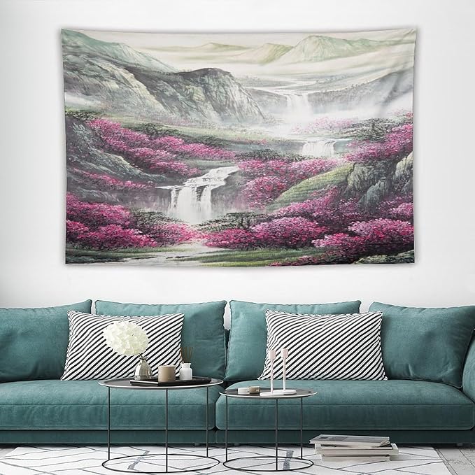 Japanese Tapestry, Red Plum Blossom Mountain Tapestry, Asian Japanese Wall Tapestry, Nature Landscape Tapestries for Bedroom Living Room Decor 90"x60"