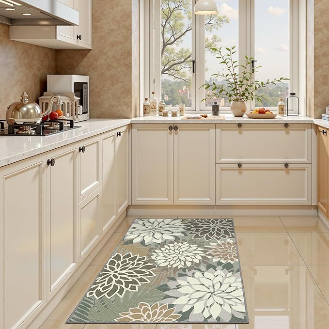 Area Rug 2x3 Brown White Washable Entry Small Rug Multicolored Tropical Botanical Modern Floral Indoor Kitchen Door Mat Entrance Carpet Non Slip for Bedroom Living Room, Porch