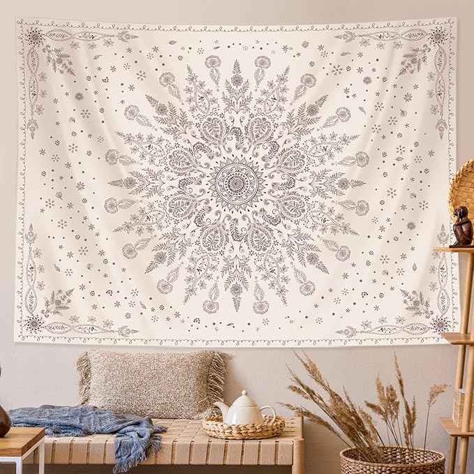 Lunerfex Boho Floral Tapestry Mandala Wall Tapestry, Cute Tapestries for Bedroom Beige Flower Tapestries Wall Hanging for Bedroom Living Room Decor Beige-1 60"x80"