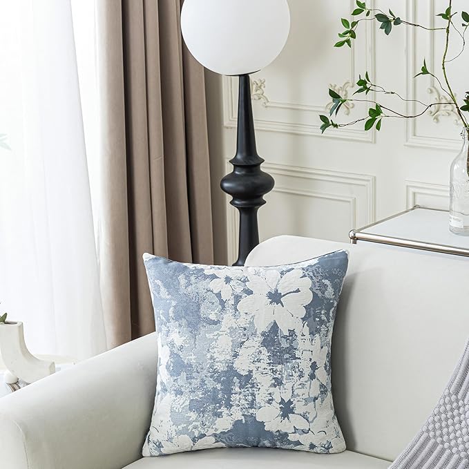 Jacquard Throw Pillow Covers 18x18 Inch Set of 2 - Vintage Floral Boho Pillow Cases with Botanical Pattern | Farmhouse Decor for Couch Living Room | Soft Textured Neutral Trio Dusty Blue 18" x 18"