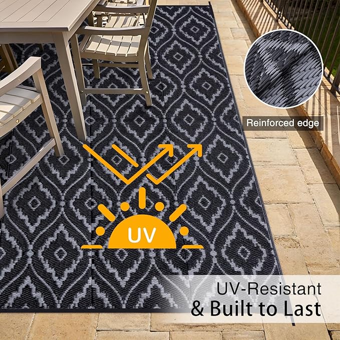 OLANLY Outdoor Rug 9x12 ft Waterproof, Outdoor Plastic Straw Rug with Geometric Pattern Clearance, Reversible RV Mat for Patio, Camping, Balcony, Deck, Backyard, Black & Grey