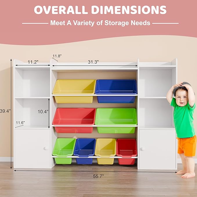 Xilingol Kids Toy Storage Organizer W/8 Removable Toy Bins, 4-Tier Toy Organizers W/6 Storage Cubbies, Kid Bookshelf and Toy Storage for Playroom, Bedroom, Kids Room, Classroom