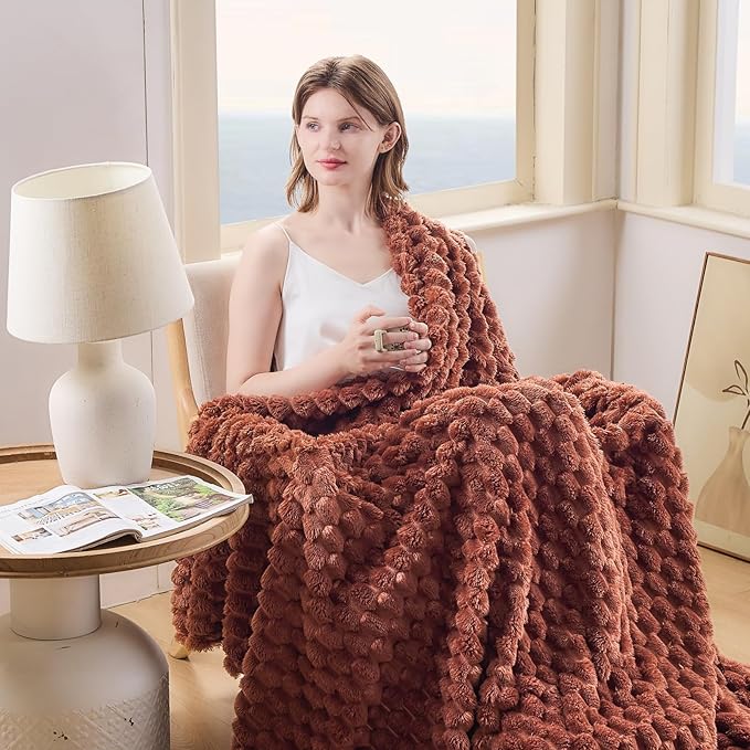 NEWCOSPLAY Super Soft Queen Blanket Coffee Premium Silky Flannel Fleece 3D Clouds Stylish Jacquard Lightweight Bed Blanket All Season Use 350GSM (Coffee, Queen(90"x90"))