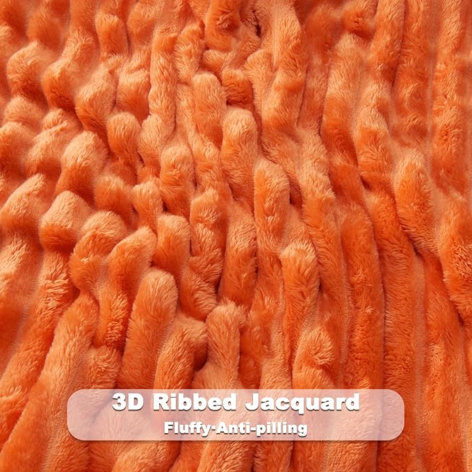 NEWCOSPLAY Super Soft Fall Queen Blanket Orange Premium Silky Flannel Fleece 3D Ribbed Jacquard Lightweight Bed Blanket All Season Use (Orange Ribbed, Queen(90"x90"))