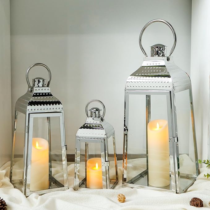TRIROCKS Set of 3 Stainless Steel Candle Lanterns 20.5''&16''&12''H Decorative Candle Holders with Tempered Glass for Indoor Outdoor Porch Parities and Wedding(Silver)