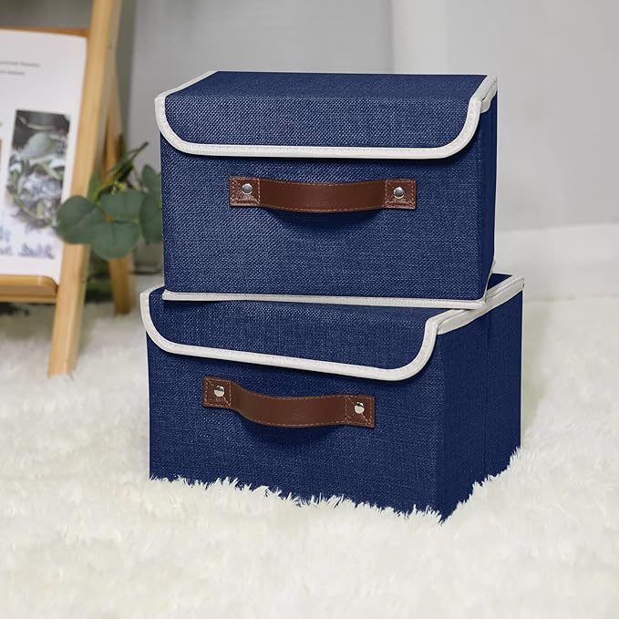 ANMINY 4PCS Storage Bins with Lid PU Leather Handles Storage Boxes PP Plastic Board Decorative Foldable Lidded Cotton Linen Fabric Home Cubes Baskets Closet Organizer Containers - Blue, Small Size