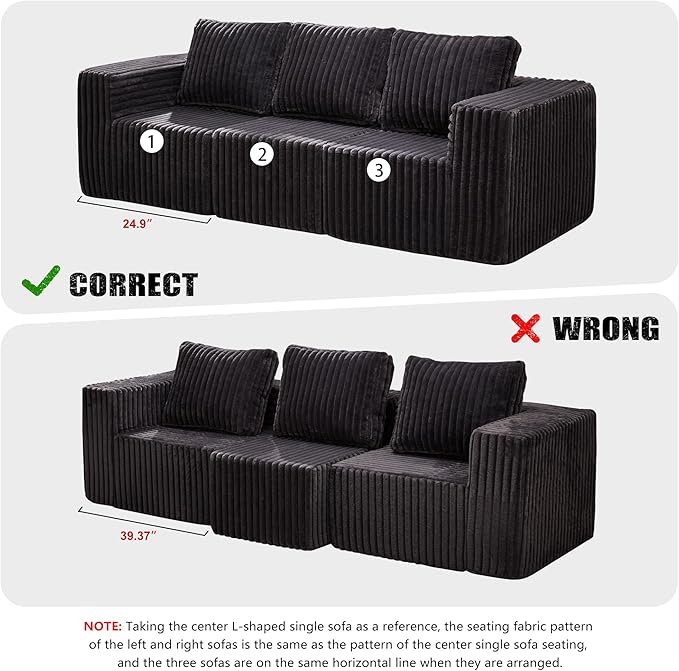 Modular Sectional Sofa 3-Seater Modular Couch with Deep Seat Memory Foam Cloud Chair with Pillows Oversized Sectional Sofa for Living Room Bedroom (Strip Grey, 3-Seater)
