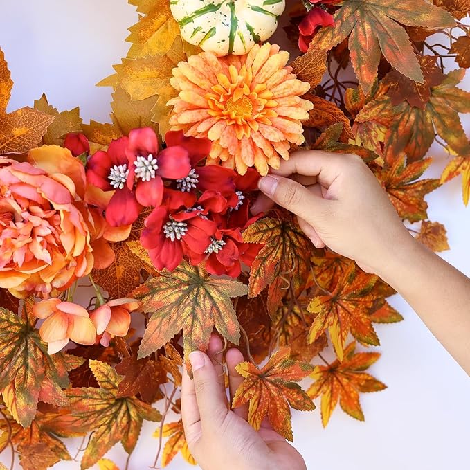 26" Fall Wreath for Front Door - Large Artificial Maple Leaves Fake Silk Peony Faux Pumpkin Outdoor Wreath for Porch, Window,Farmhouse,Home,Thanksgiving Day Harvest Festival Autumn Decor