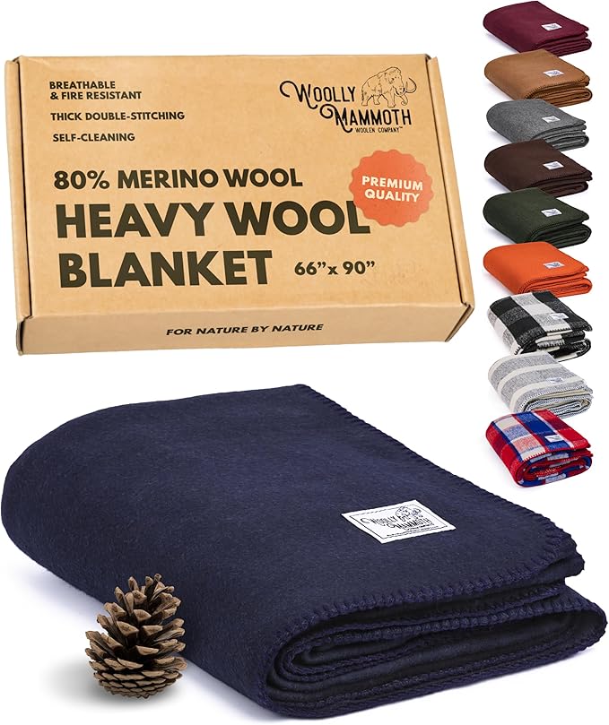 Woolly Mammoth Woolen Company Merino Wool Camping Blanket - 66 x 90 in - Navy Blue - Heavyweight Insulated Outdoor Throw Blanket for Camping & Hiking & Backpacking