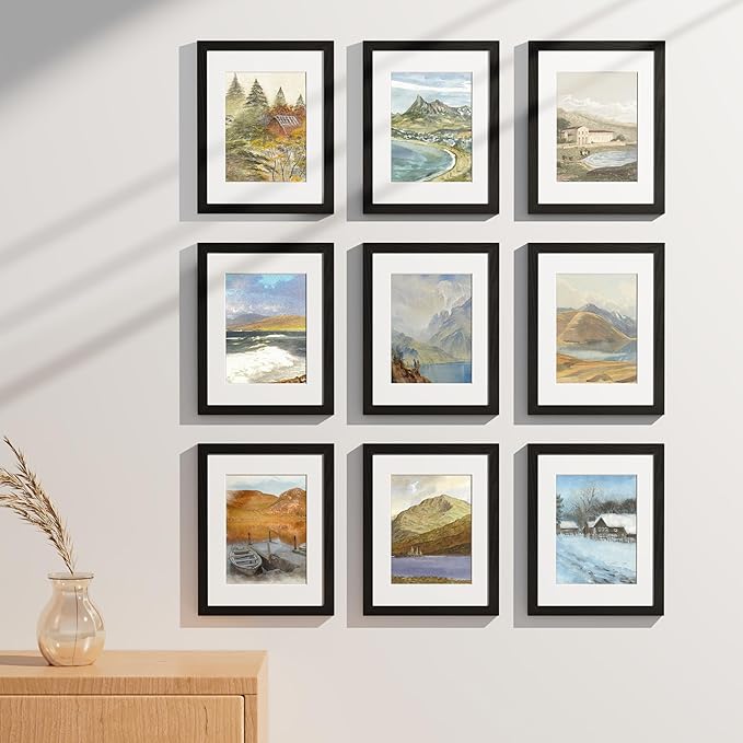 Vittanly 8.5x11 Picture Frames Set of 9, Shatter Resistant Plexiglass, Display 6x8 Pictures with Mat or 8.5x11 without Mat, Photo Frames for Wall or Tabletop, Engineered Wood, Black