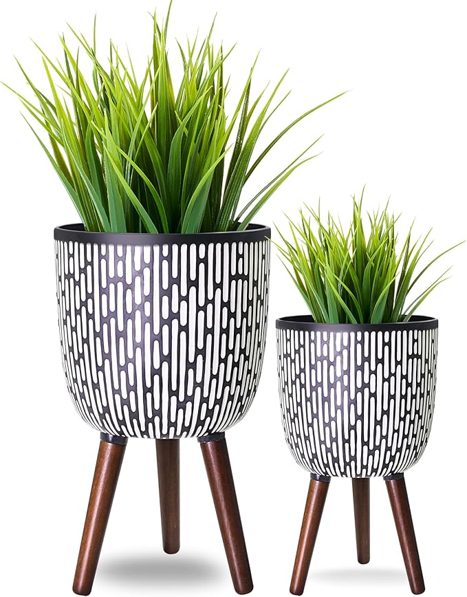 2 Set Plant Pot with Stand 10 & 12 inches, Mid-Century Large Planter with Legs for Indoor Plants, Boho Print Standing Plant Pot with Drainage Plug for Monstera, Herb, Succulent Flower Pot