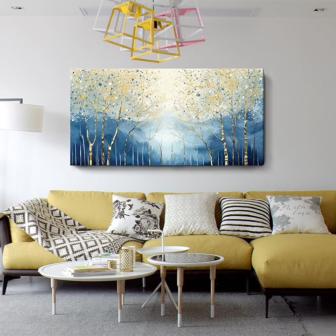 amatop Extra Large Wall Art for Living Room – Modern Forest Landscape Picture Abstract Nature Tree Scenery Canvas Art Prints Blue Wall Decor Oversized Horizontal Birch Artwork Bedroom Office 58x29 Inch