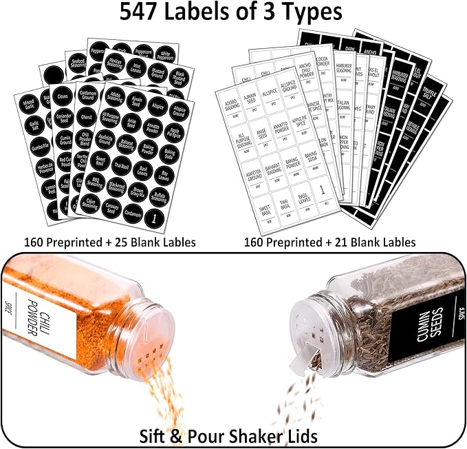 Churboro 24 Spice Jars with Labels & Bamboo Lids - 4 Oz Glass Containers with Shaker Lids, 547 Spice Labels of 3 Different Types Seasoning Jars for Spice Rack, Cabinet, or Drawer
