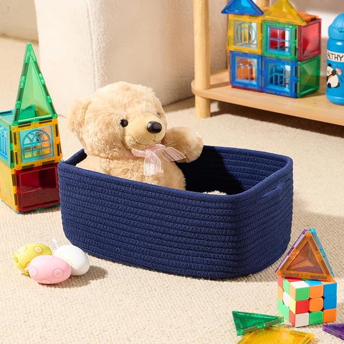 Small Storage Baskets for Organizing | Closet Organizer Bins | Shelf Toy Basket | Woven Rope Baskets | Cube Decorative Box | Shallow Basket | 13x8.5x5.1” | 4 Packs Navy Blue