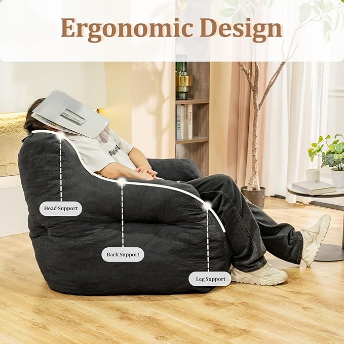 Bean Bag Chairs for Adults Ergonomic Support Reading Floor Sofa Chair with Filler Spacious (Grey) (Large)