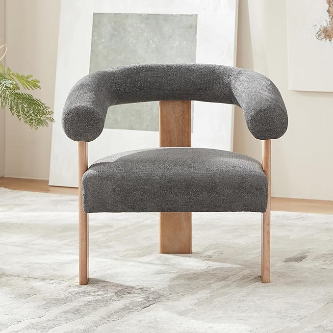 VKNOW Accent Chair Living Room Chair Set of 2, Modern Upholstered Armchair with Solid Wood Legs, Comfy Barrel Arm Chairs for Living Room Bedroom, Dark Grey