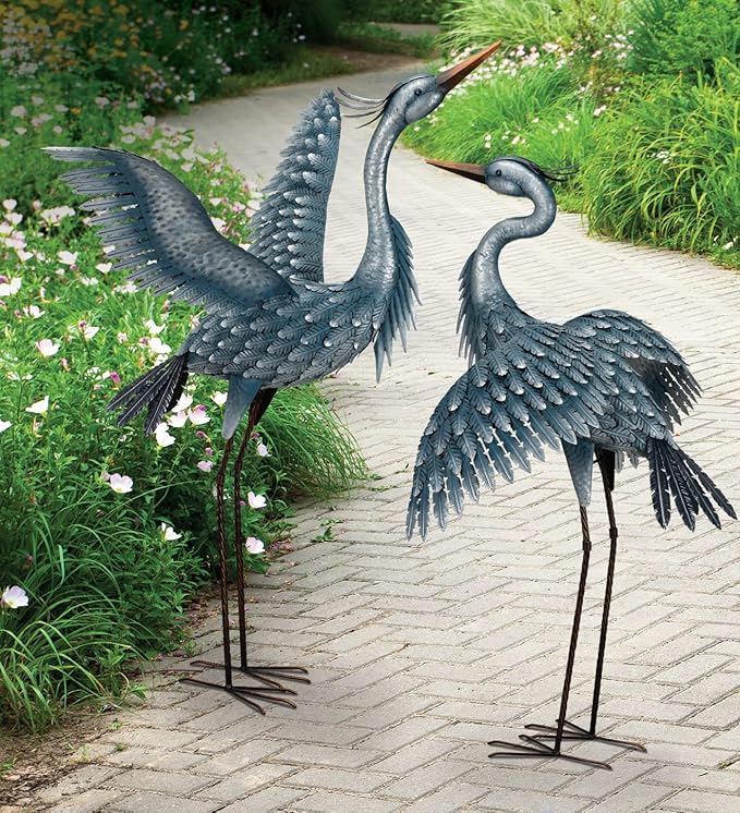 Regal Art & Gift Outdoor Garden Décor, Unique Bird Sculpture, Rustic Metal Bird Statues, Garden Ornaments, Bird Figurine for Lawn, Decorative Sculpture, Heron, Blue, Wings Down, 41"height