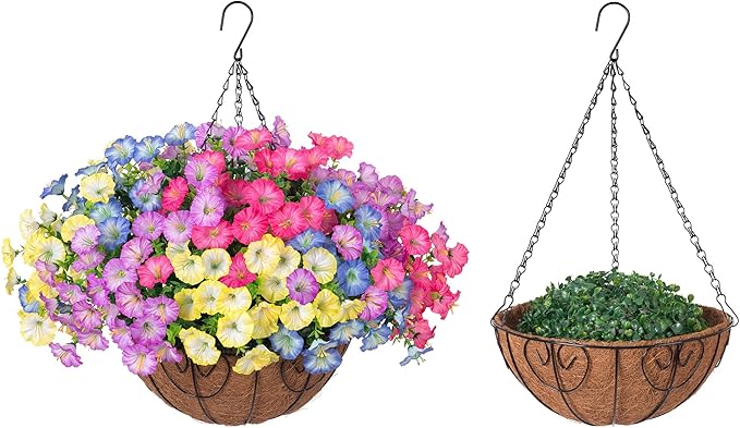 Artificial Faux Hanging Plants Flowers Basket for Outdoors Spring Summer Decoration, Silk Morning Glory Eucalyptus Look Real UV Resistant Fake Flowers for Porch Outside Patio Balcony Yard Home Garden