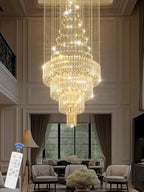 D32''X H100'' Large Crystal Chandelier Lighting, Modern LED Round Raindrop Flush Mount Ceiling Light Fixture for Hotel Staircase Hallway Modern Crystal Chandelier Suitable for Sloping Ceiling