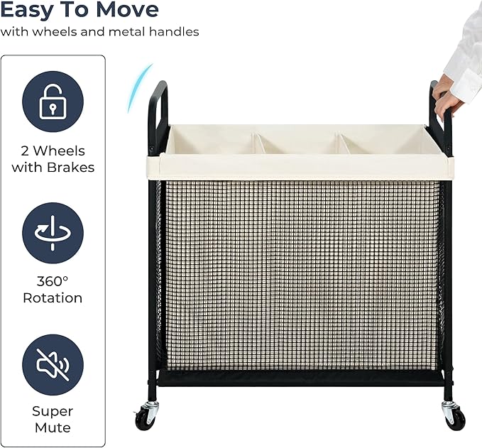 STO STO Laundry Hamper 3 Section, 120L Rolling Laundry Sorter Cart with Removable and Washable Liner Bag, Rolling Clothes Hamper with Metal Handle for Laundry Room and Bedroom