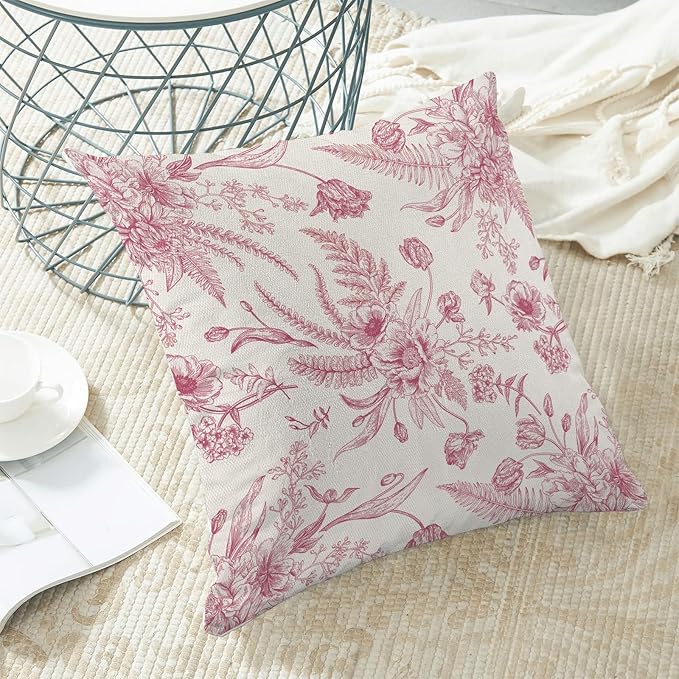 CXMEIFLY Hot Pink Spring Pillow Covers 18 x 18 Inch Set of 2 for Chinoiserie Flowers Decor Throw Pillows Floral Leaves Seasonal Plant Outdoor Decorative Cushion Cases for Couch Bed Decorations