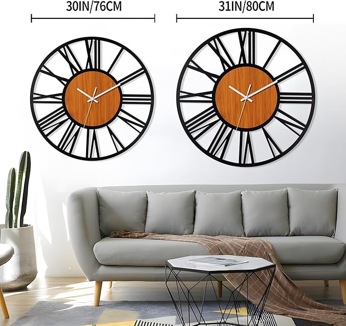 LEIKE 32" Oversized Large Wall Clocks,Silent,Non Ticking,Battery Operated Modern Round Big Wood Decorative Metal Wall Clock for Living Room, Bedroom,Kitchen,Farmhouse,Office Decor - Black,32 Inch
