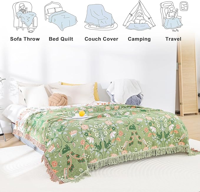 MSGKV Boho Throw Blanket for Couch and Sofa Cotton Blankets for Living Room Bedroom Reversable Florals and Animals Throw 60"x80" Breathable Cozy Blankets