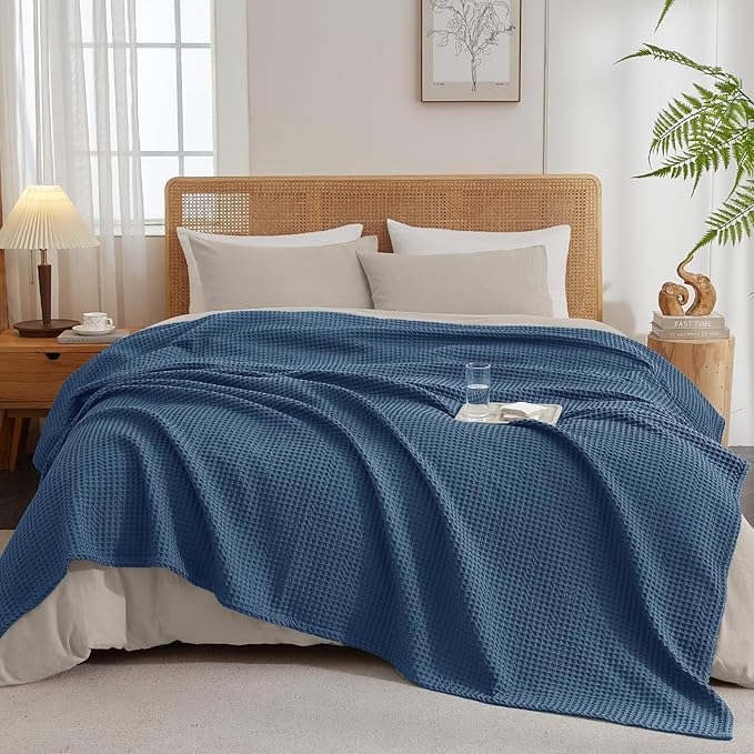 PHF Ultra Soft Waffle Weave Throw Blanket 50"x 60"- Washed Lightweight Breathablee Cozy Woven Blanket - Great for Couch Bed Sofa Home Car - Navy Blue
