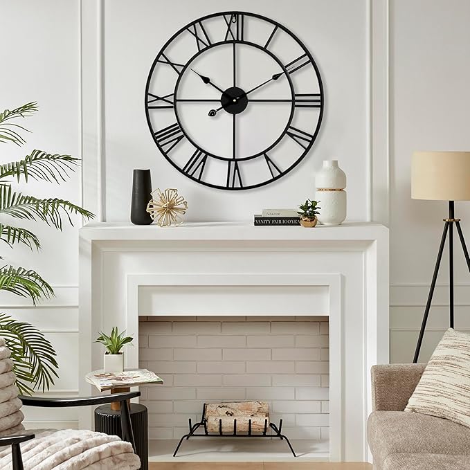 CLXEAST Silent 24 Inch Wall Clocks for Living Room Decor, Large Black Metal Roman Numeral Wall Clocks for Modern Farmhouse Home Decor,House Warming Gifts New Home