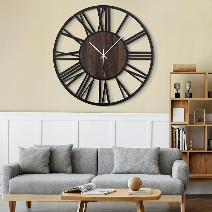 LEIKE 32" Oversized Large Wall Clocks,Silent,Non Ticking,Battery Operated Modern Round Big Wood Decorative Metal Wall Clock for Living Room, Bedroom,Kitchen,Farmhouse,Office Decor - Black,32 Inch