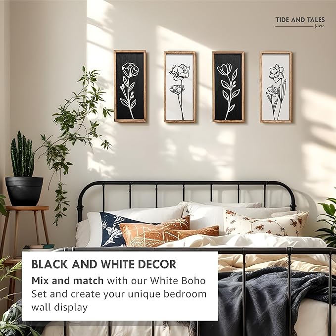 3D Black and White Wall Art (Set of 2) Lightweight, Wooden Ready-to-Hang Framed Floral Wall Art for Bathroom, Bedroom, Living Room or Office – Boho Botanical Farmhouse Decor – Gift-Boxed