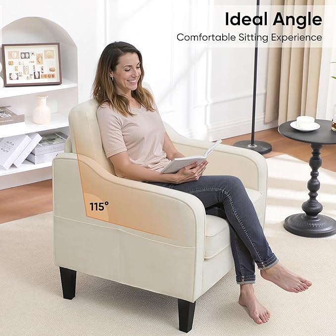 Accent Chairs Set of 2, Upholstered Living Room Chairs with Side Pockets, Mid Century Modern Reading Chair for Bedroom, Comfy Armchair Single Sofa Side Chair for Office, Small Room, Beige