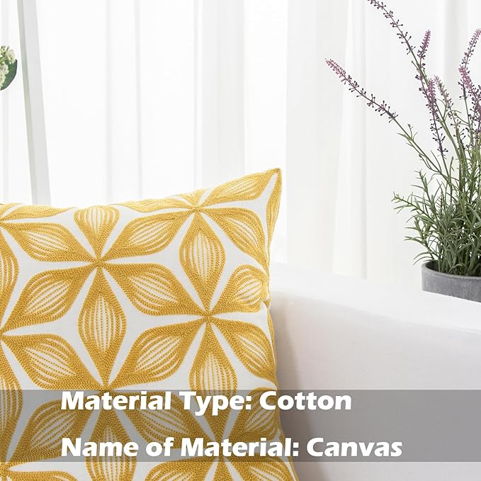 HWY 50 Yellow Decorative Throw Pillow Covers 18x18 Inch (1 Piece), Embroidered Cotton Farmhouse Cushion Cover Pillow Case for Sofa Couch Living Room Bed, Fashion Geometric