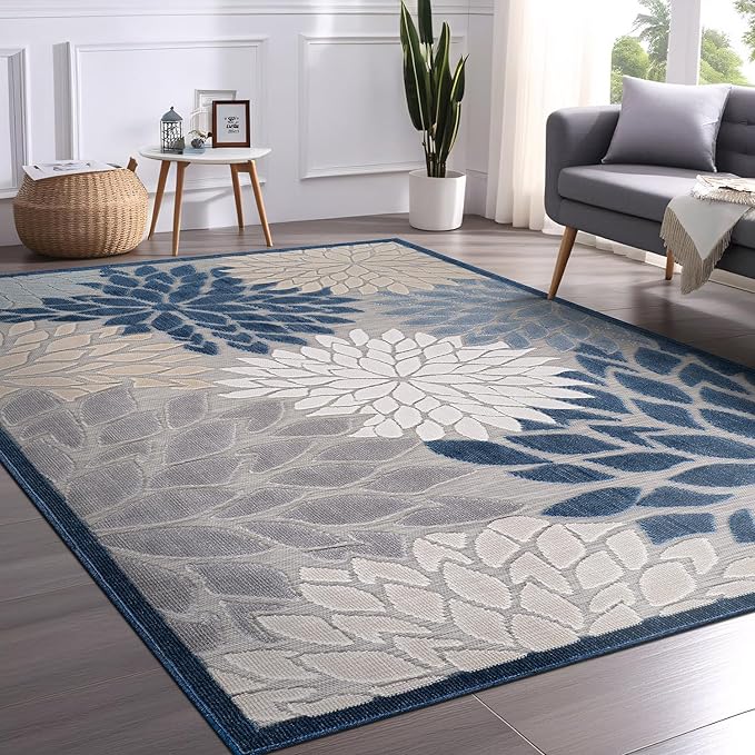 Beverly Rug Outdoor Rug 6x9 Modern Floral Tropical Area Rugs for Indoor and Outdoor Patio Easy to Clean Non Shedding Living Room Porch Garden Washable Outside Carpet (6 x 9 Blue)