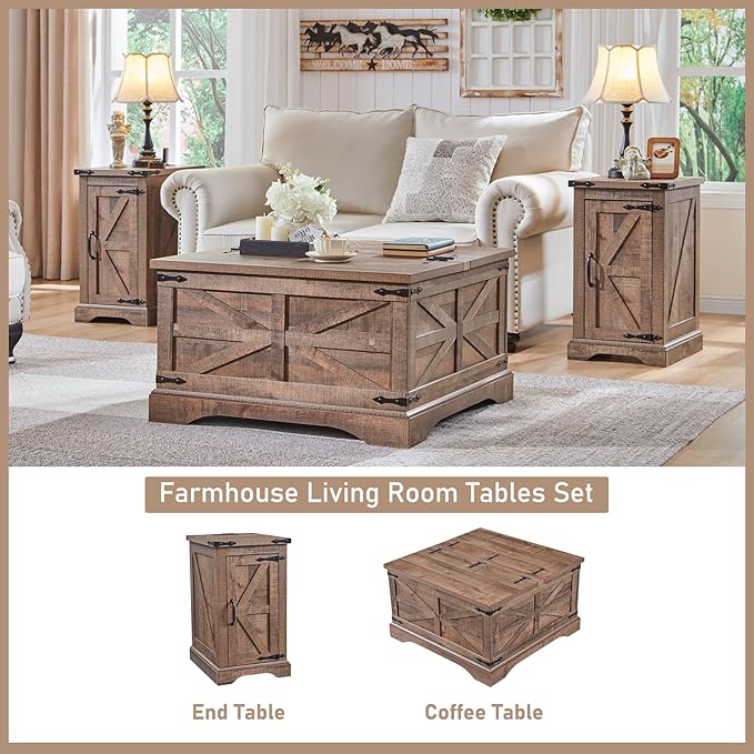JXQTLINGMU Farmhouse Nightstand Set of 2 with Charging Station, 17"D Rectangular End Table with Barn Door & Adjustable Storage Shelf, Wood Rustic Sofa Side Table for Living Room, Bedroom, Light Brown