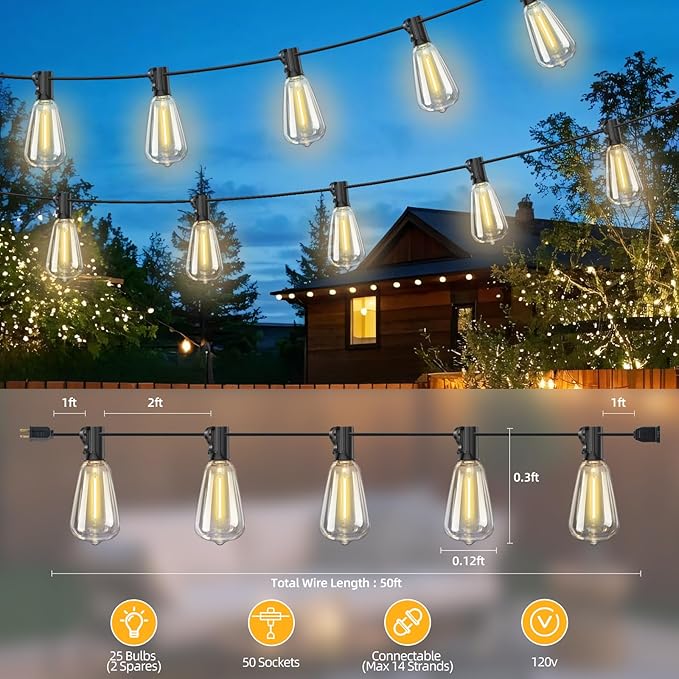 ST38 50FT LED Outdoor String Lights with 25+2 Spare Bulbs, E12 Socket, 2700K Warm White-for Backyard, Wedding, Camping, Porch, Deck, Gazebo, Bistro Decor